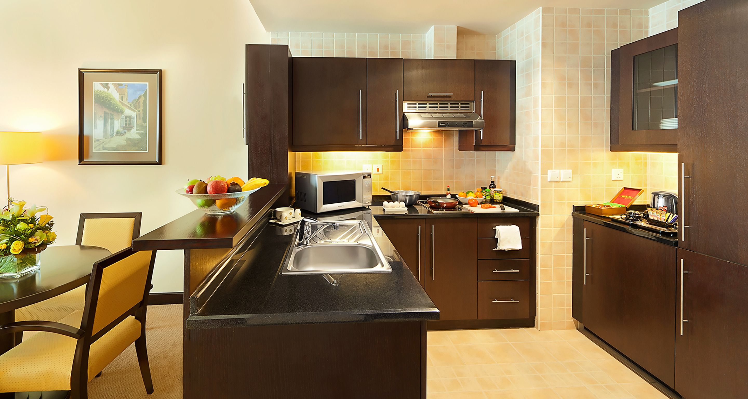 fridge, microwave, stovetop, coffee/tea maker