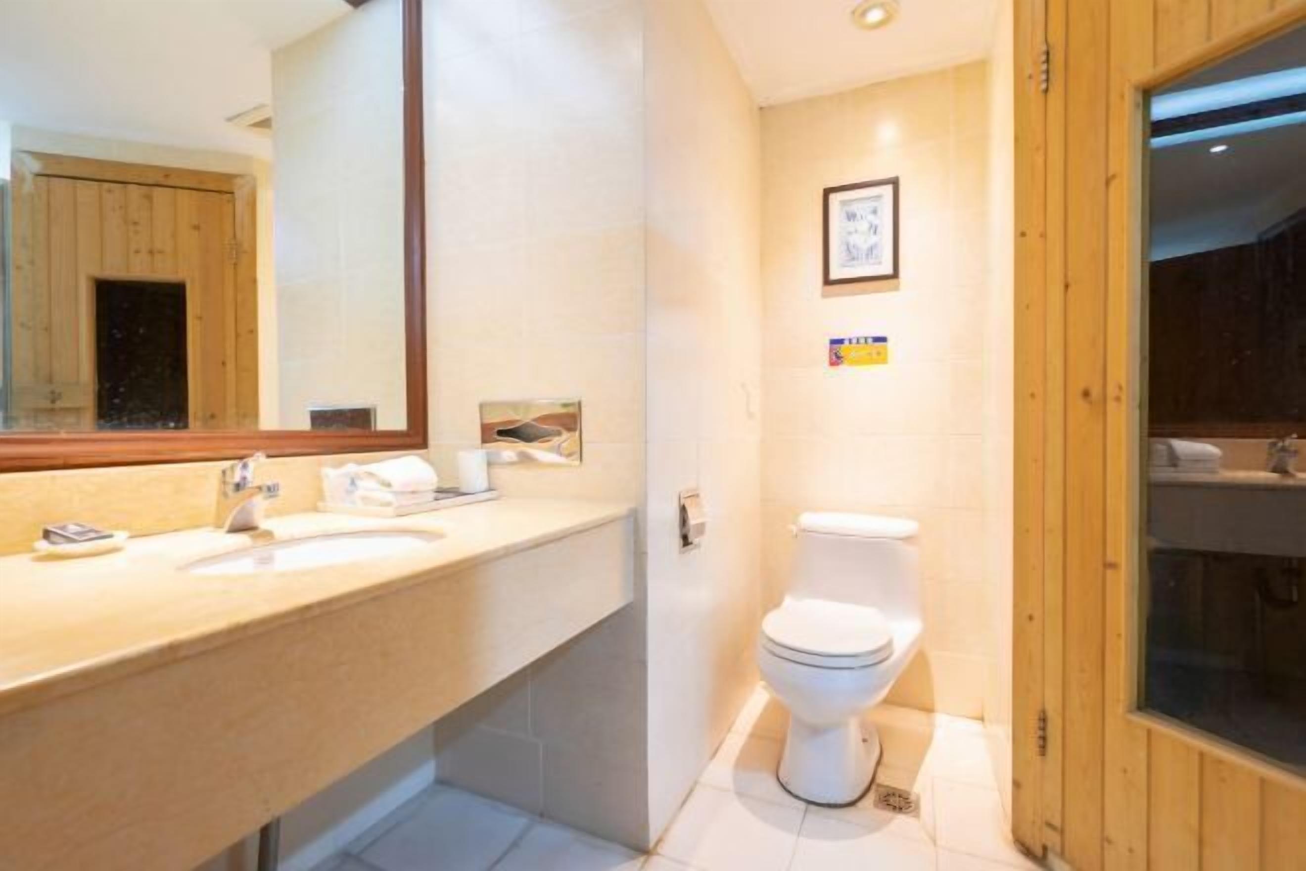 A bathroom with a wooden door, a toilet, a sink with a mirror, and a framed picture on the wall.