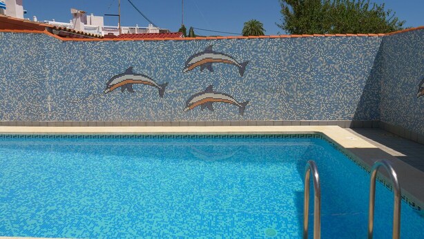 A swimming pool with dolphin mosaic tiles on the wall and metal handrails. - Kione Anamar (Alcala de Xivert)