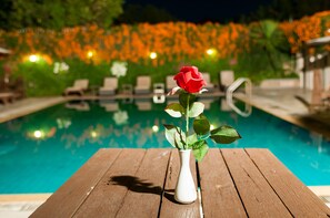 Outdoor pool, pool umbrellas, pool loungers