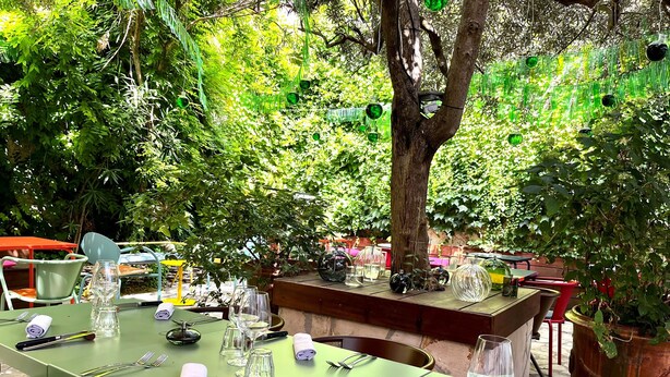 Un área de comedor al aire libre con mesas y sillas verdes, rodeada de exuberante follaje y árboles.