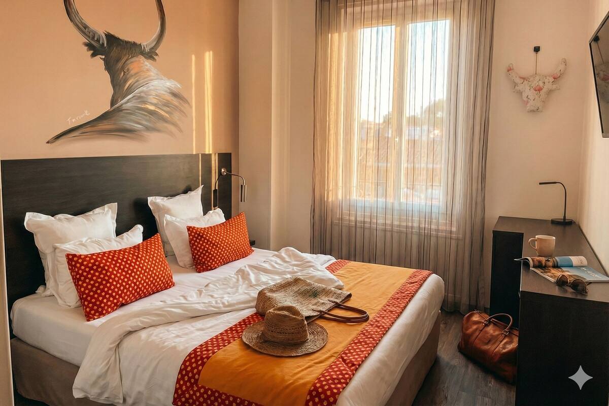 A hotel room with a large bed, a headboard, a window with curtains, a wall-mounted TV, and a decorative wall piece.