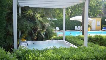 Outdoor pool, pool umbrellas, pool loungers