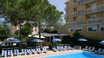 Outdoor pool, pool umbrellas, pool loungers