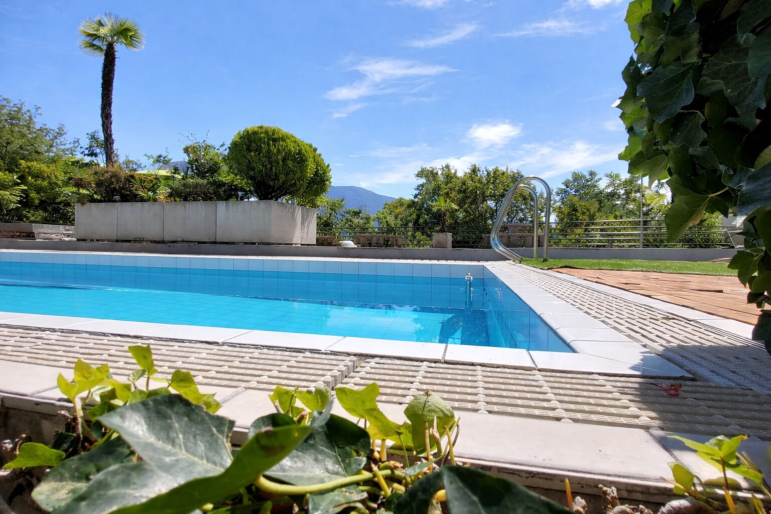 A swimming pool with a clear blue water, surrounded by greenery and a view of mountains.