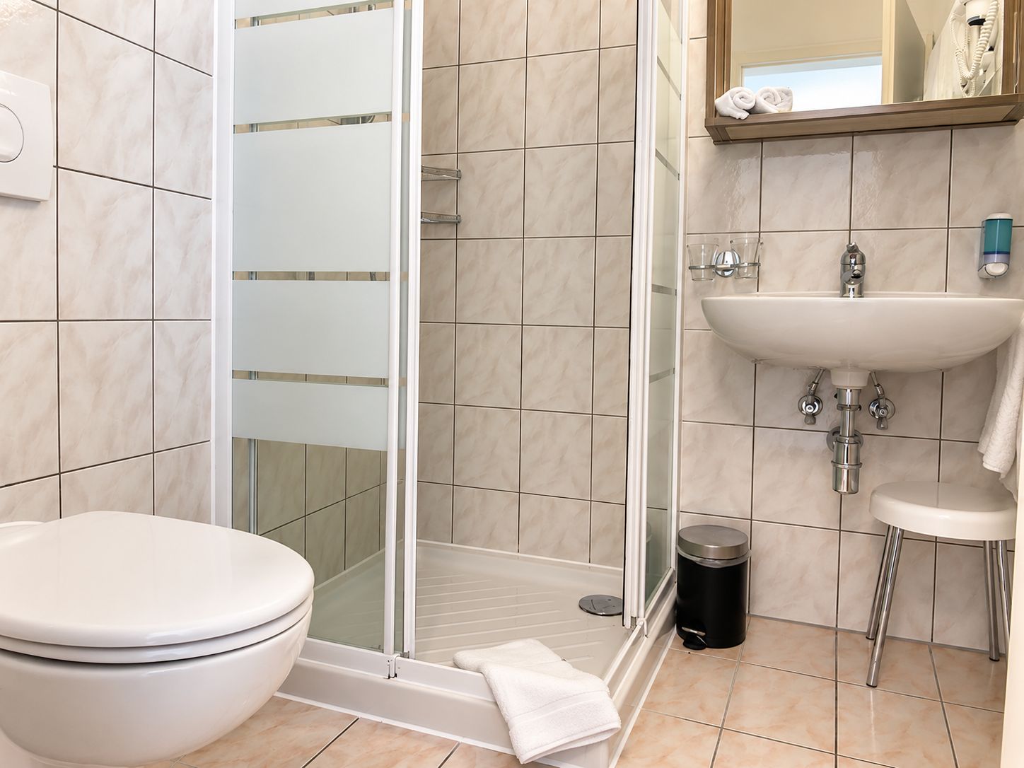Een moderne badkamer met een douche, toilet, wastafel en een prullenbak.