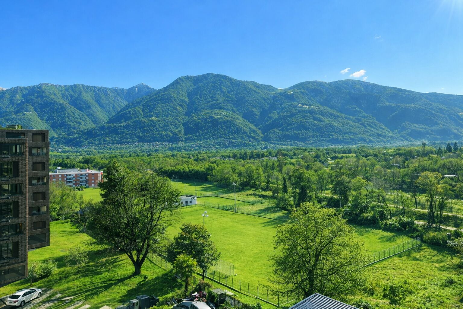 A residential area with a grassy field, a few trees, and a mountain range in the background.