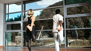 Amplia habitación con ventanas grandes y vistas a un puente y árboles.