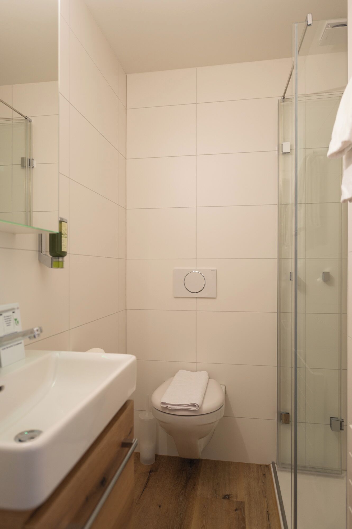 A modern bathroom with a glass shower enclosure, a white toilet, and a wooden vanity with a mirror.