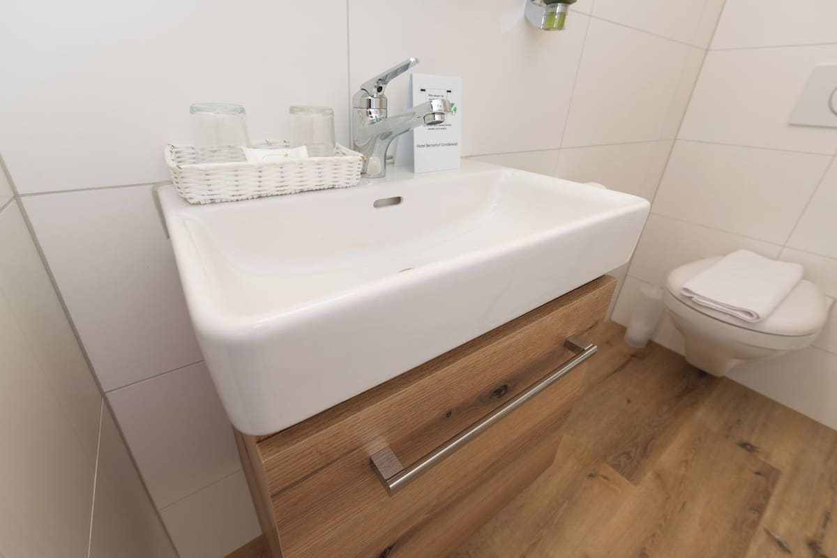 small double room, balcony, mountain view | bathroom | shower, hair dryer, towels