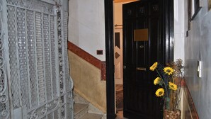 Um corredor com um portão de metal, uma porta preta e um vaso com girassóis.