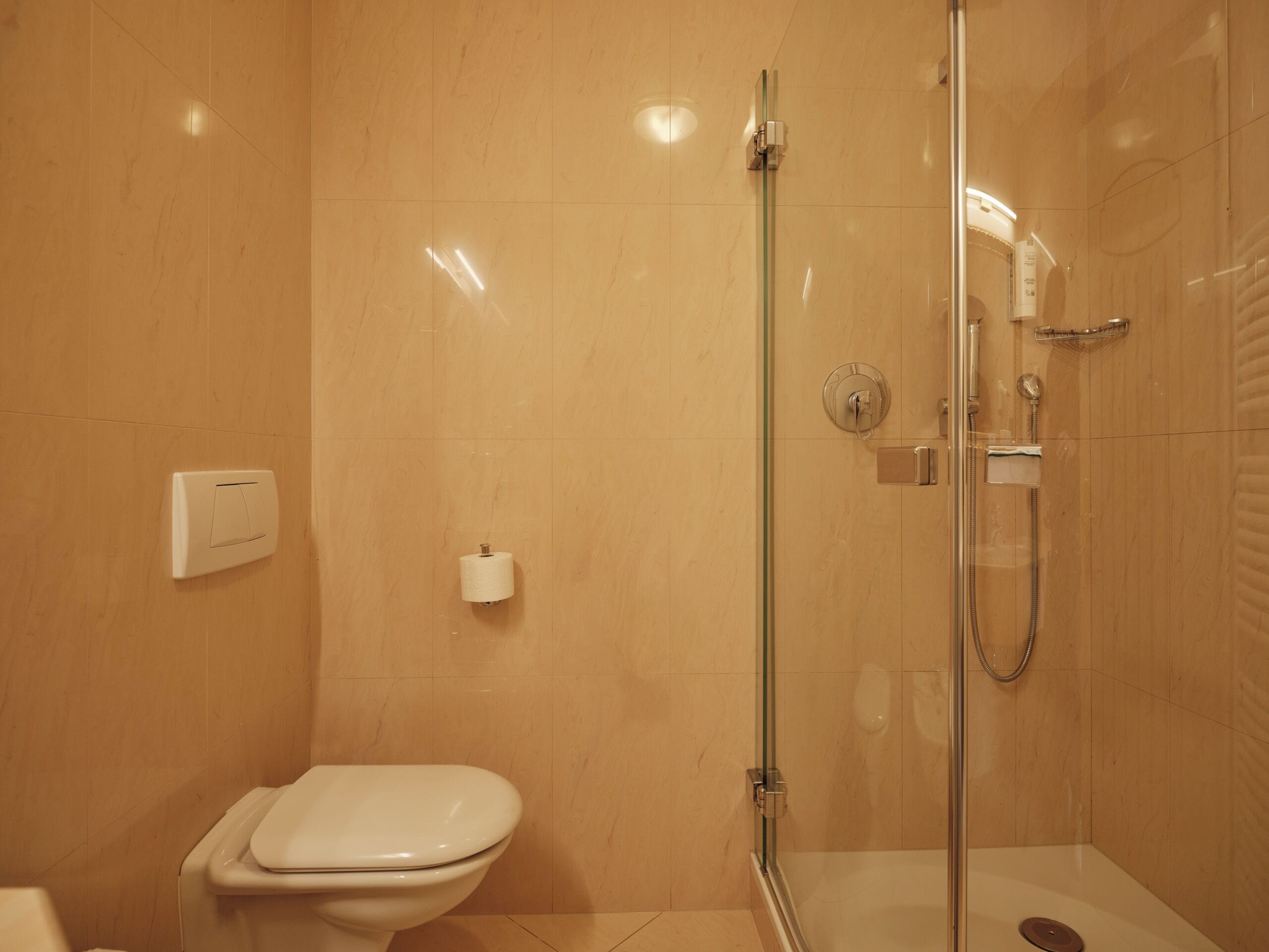 A bathroom with a toilet, a glass-enclosed shower, and a toilet paper holder on the wall.