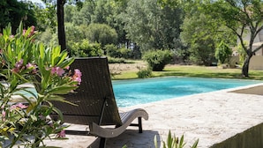 Ein Poolbereich mit Liegestuhl, Schwimmbecken und umgebender Bepflanzung.