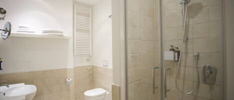 A modern bathroom with a glass-enclosed shower, a white sink, and a toilet.
