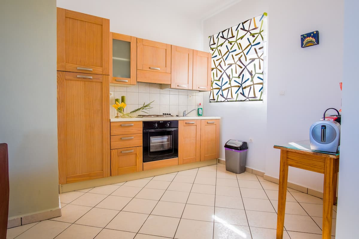 full-sized fridge, oven, stovetop, coffee/tea maker