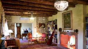 A cozy room with a fireplace, a harp, and a bookshelf. - Tenuta Delo Relais (Verona)