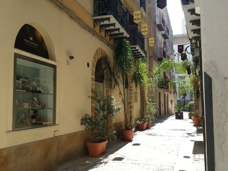 Una calle estrecha flanqueada por edificios, con macetas a lo largo de la acera y una tienda con escaparates de vidrio.