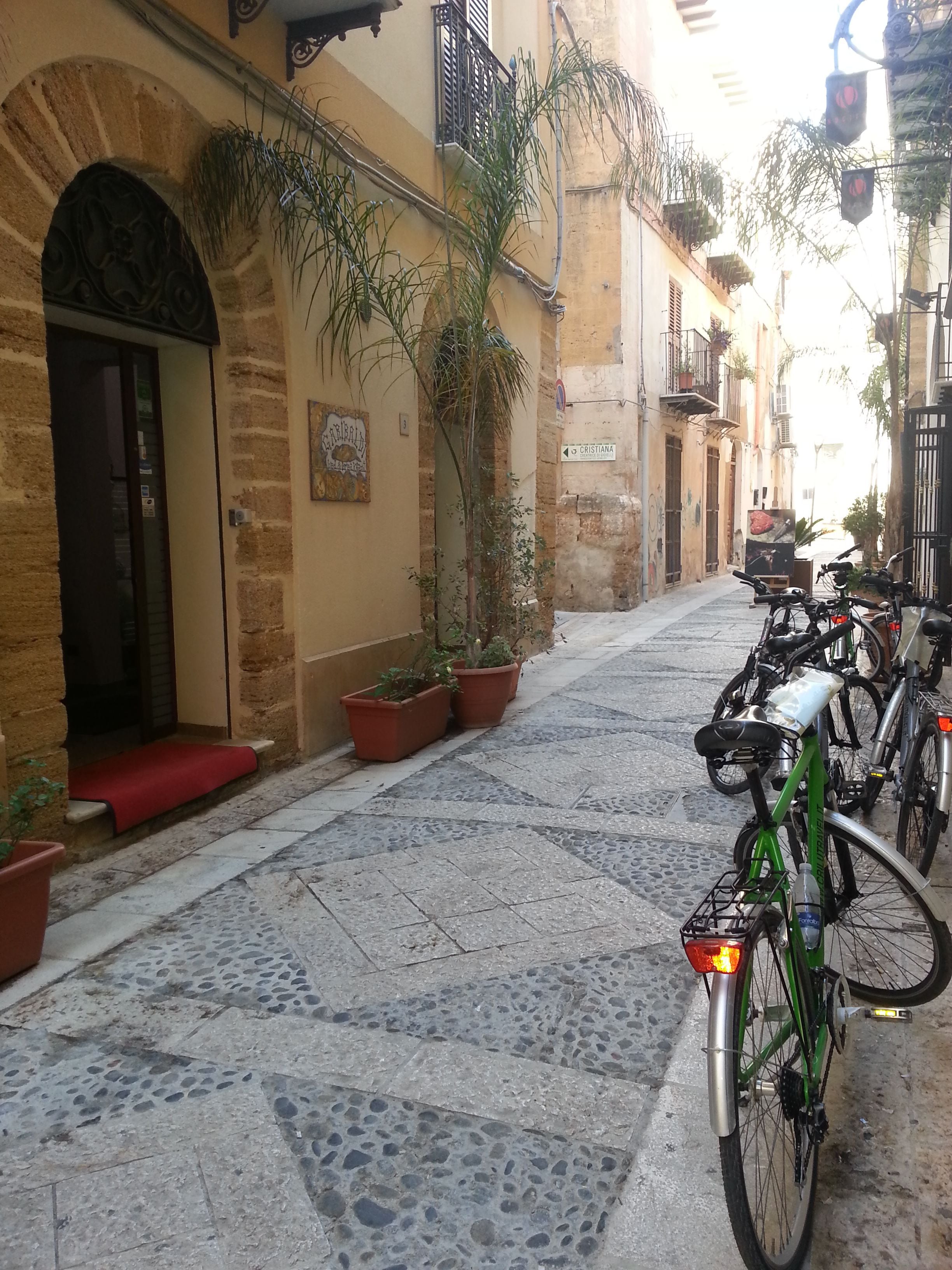 A narrow cobblestone street with potted plants and bicycles parked along the side.