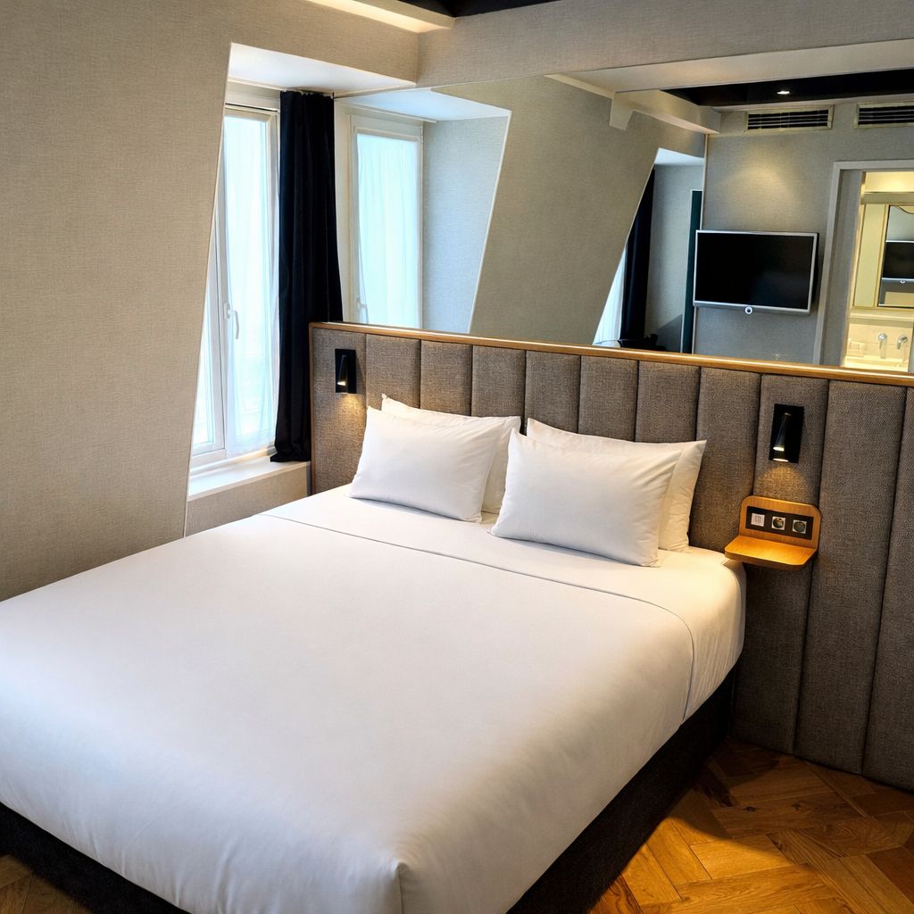 A hotel room with a large bed, a bedside table with a lamp, a TV, and a window with curtains.