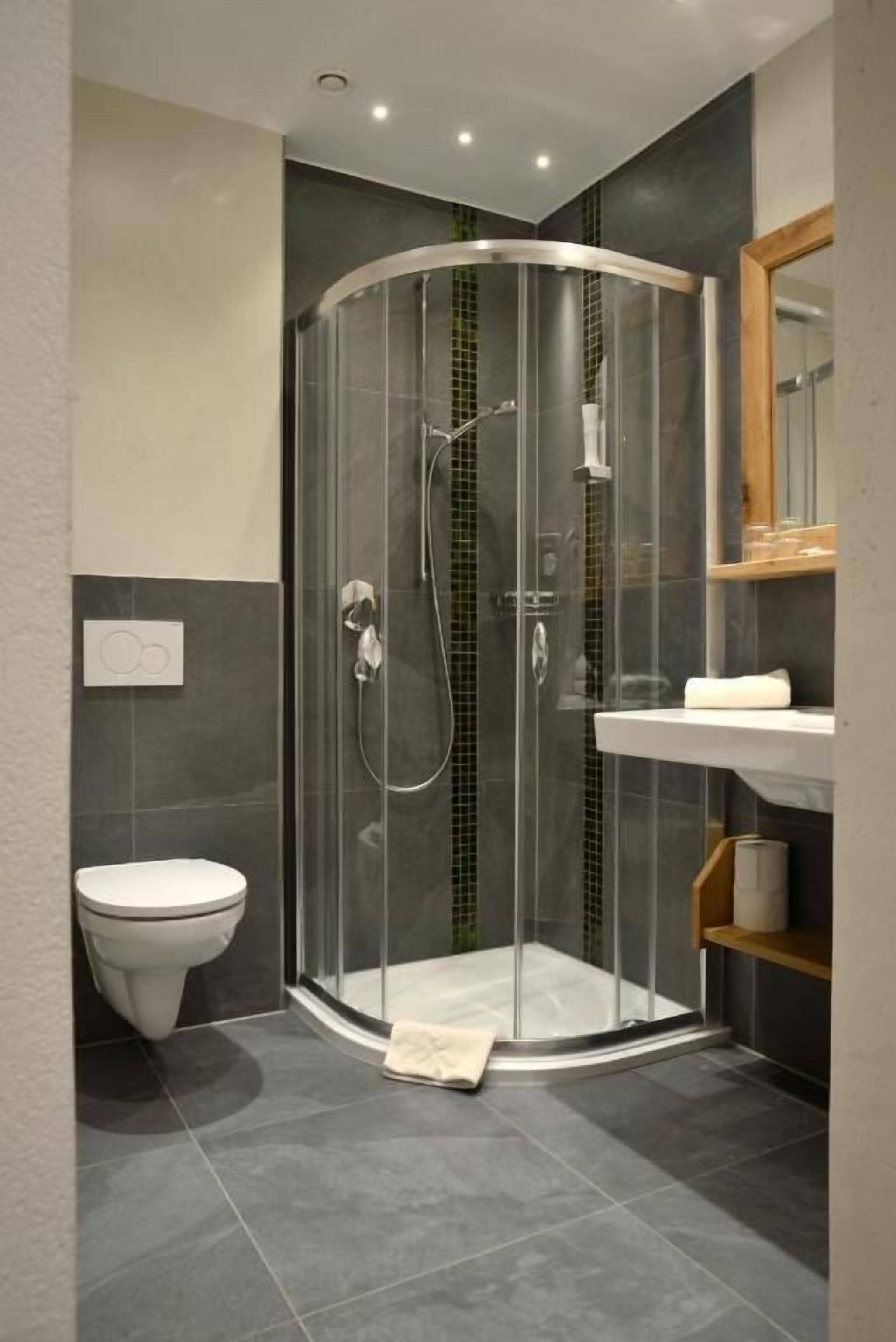 A modern bathroom with a glass-enclosed shower, a toilet, and a sink with a mirror.