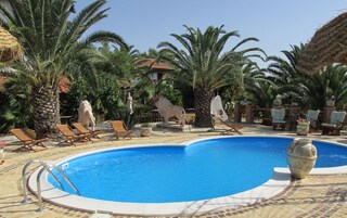 Outdoor pool, pool umbrellas, pool loungers
