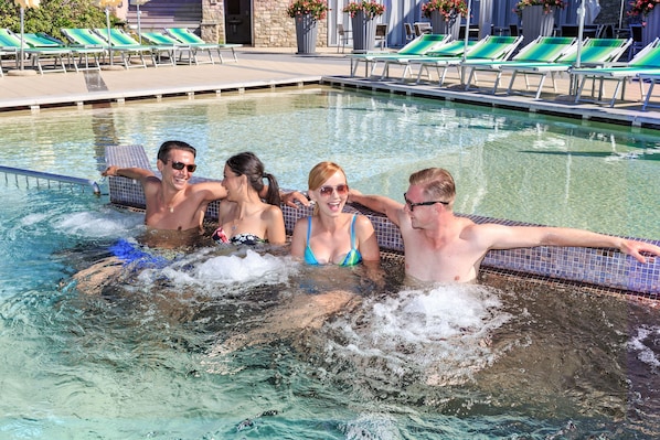 Indoor pool, open 9:00 AM to 7:00 PM, pool umbrellas, pool loungers