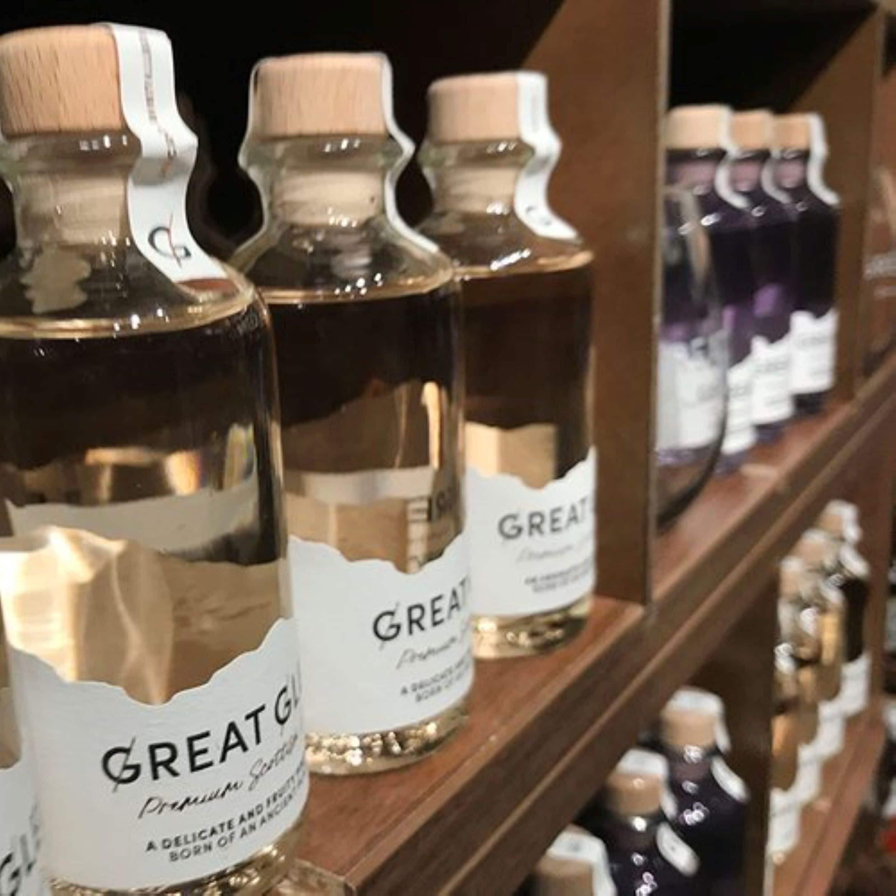 Bottles of Great Glen whiskey on a shelf.