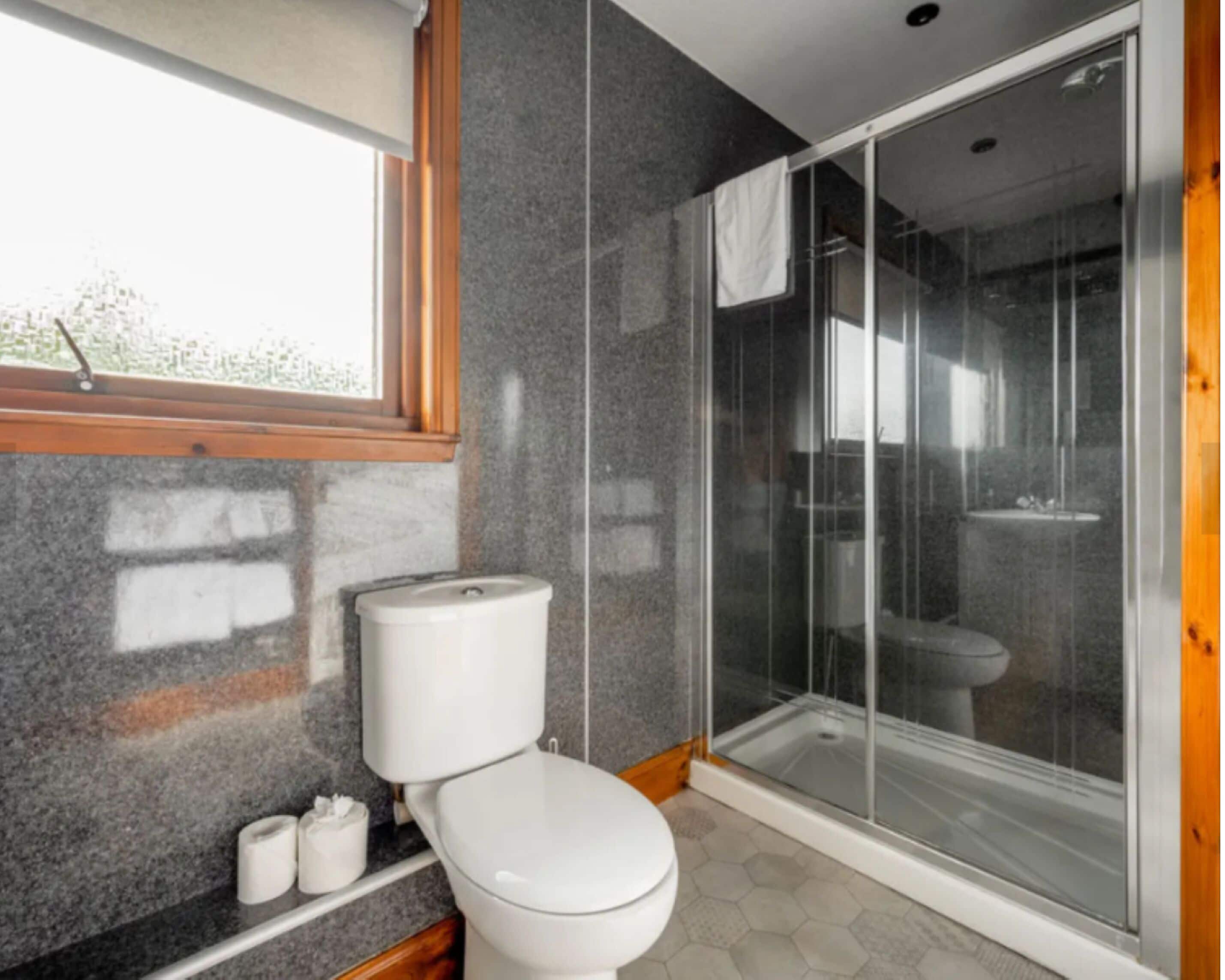 A bathroom with a toilet, a shower enclosure, and a window.