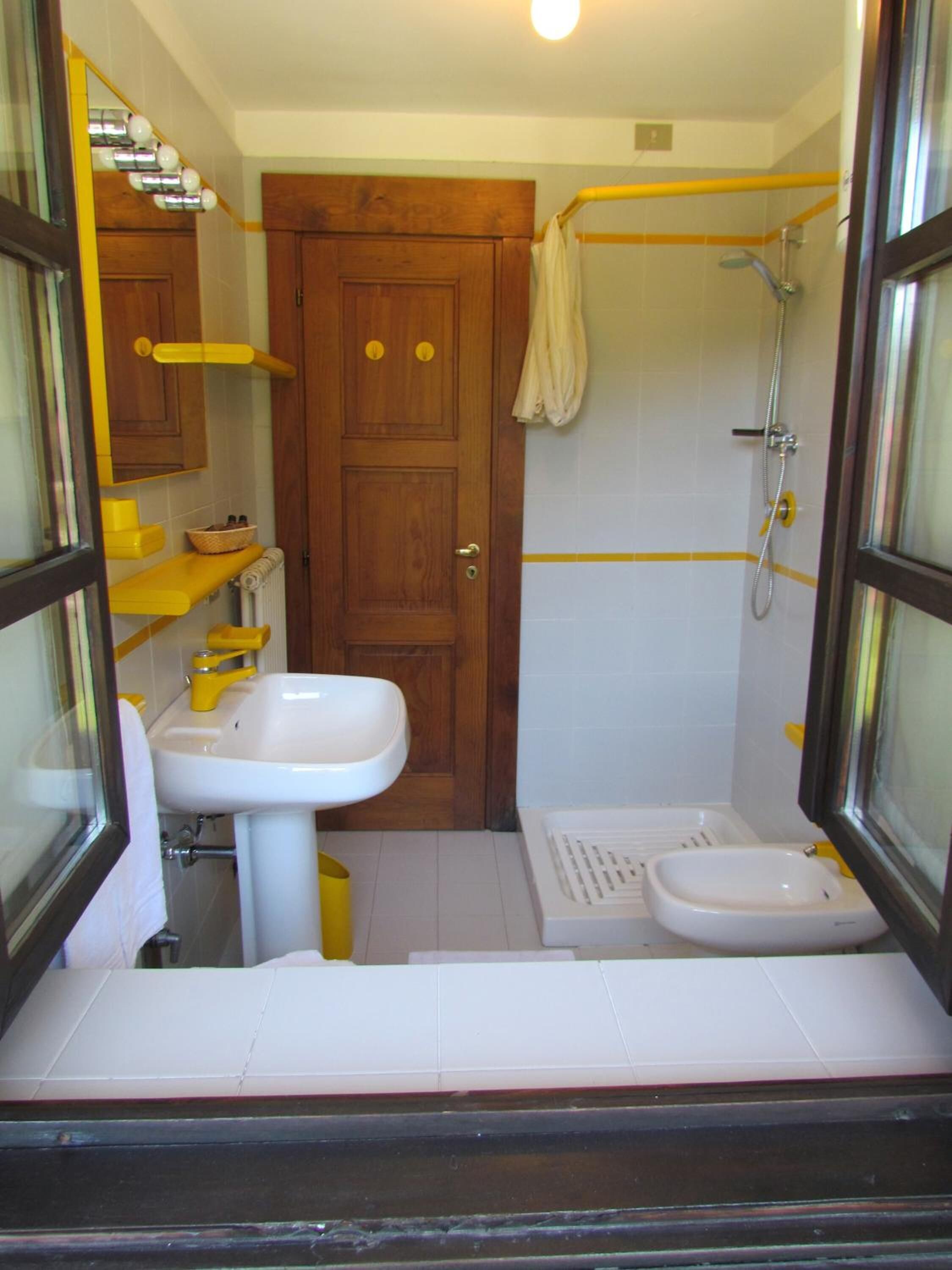 Shower, free toiletries, bidet, towels