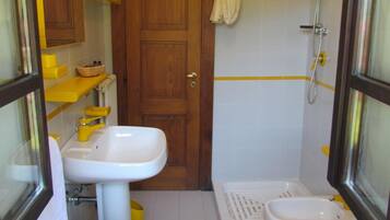 Shower, free toiletries, bidet, towels