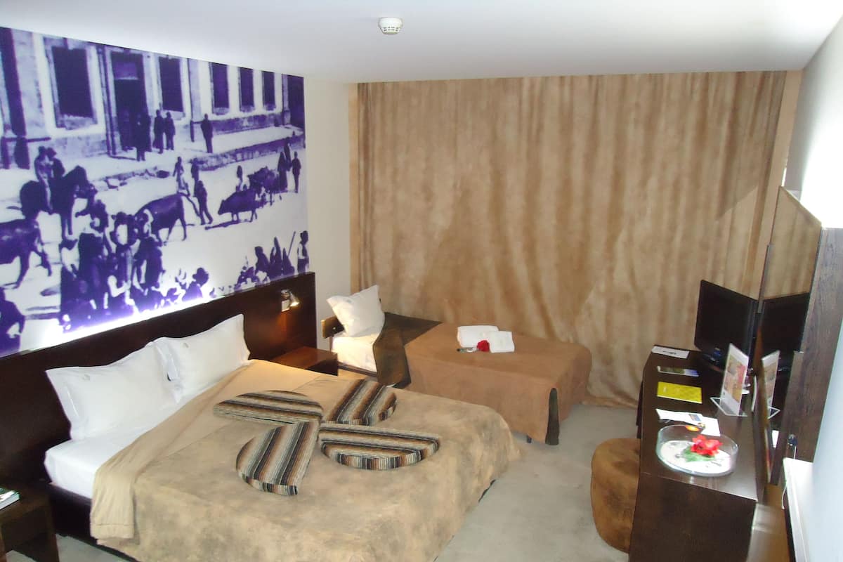 Une chambre d’hôtel avec un grand lit, une table de chevet, une télévision et un tableau au mur.