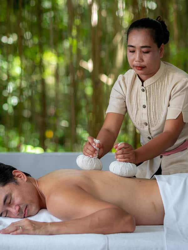Outdoor treatment area, sauna, steam room, body treatments, aromatherapy