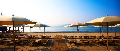 A beach with rows of sun loungers and umbrellas, a clear sky, and the ocean in the background.