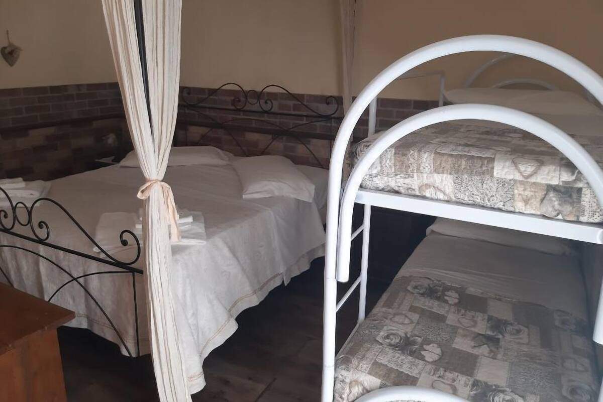 A room with a bed, a canopy, and a bunk bed.