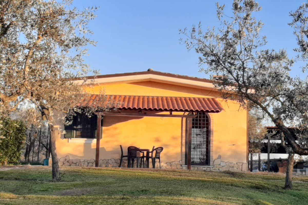 A small house with a tiled roof, a stone wall, and a patio with two chairs.