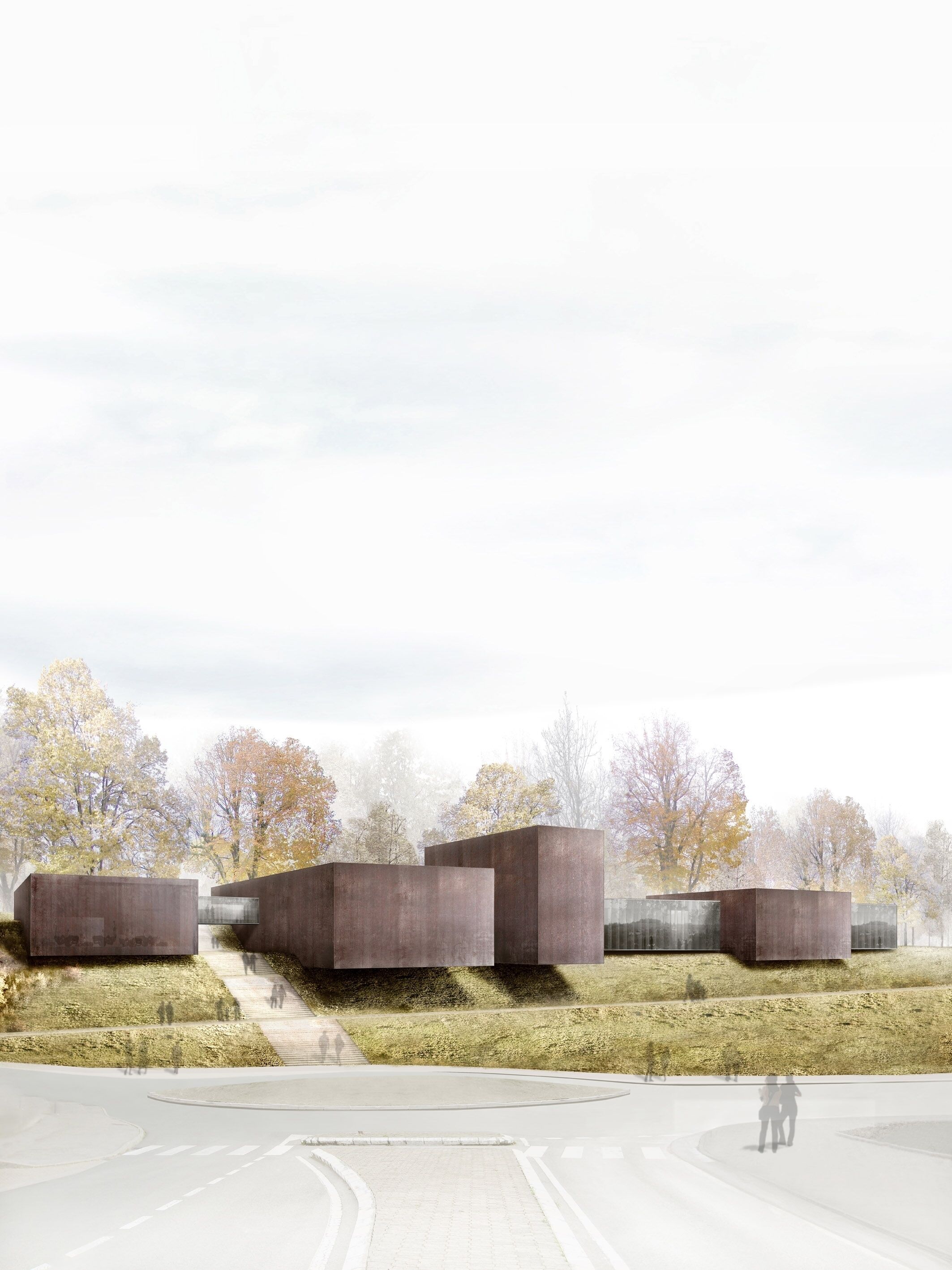 Une structure architecturale moderne avec une zone pavée devant.