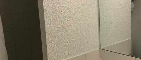 A bathroom with a white sink, a mirror, and a shower area.