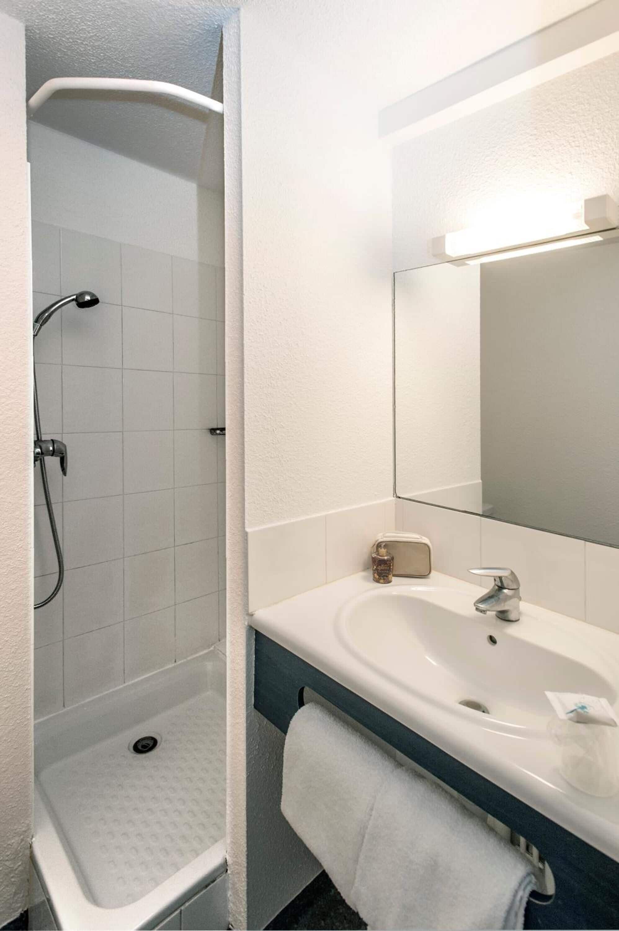 A modern bathroom with a shower, sink, and mirror.