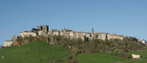 A historic castle on a hill with multiple buildings, including a prominent tower.