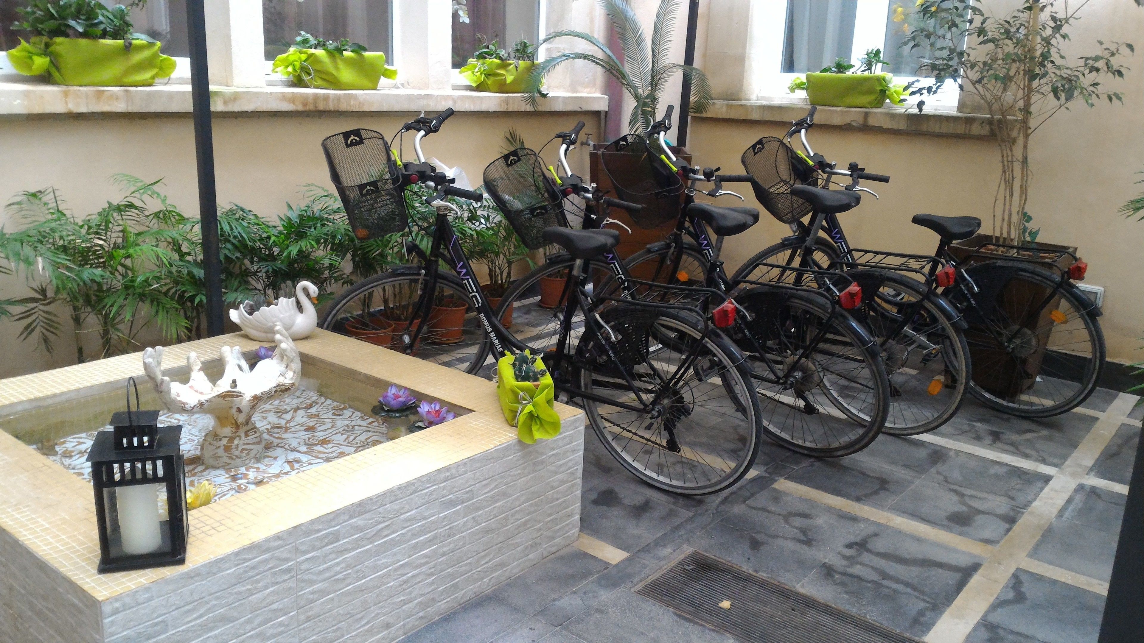Een binnenplaats met een decoratieve fontein, fietsen en potplanten.