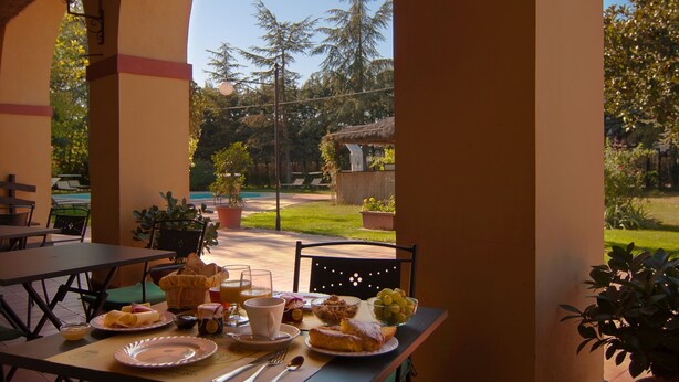 An outdoor dining area with tables, chairs, and a variety of food and drinks. - Podere Violino (Sansepolcro)