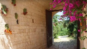 A stone pathway leading to a doorway with a black frame, surrounded by greenery and flowers. - Masseria Morrone (Ostuni)