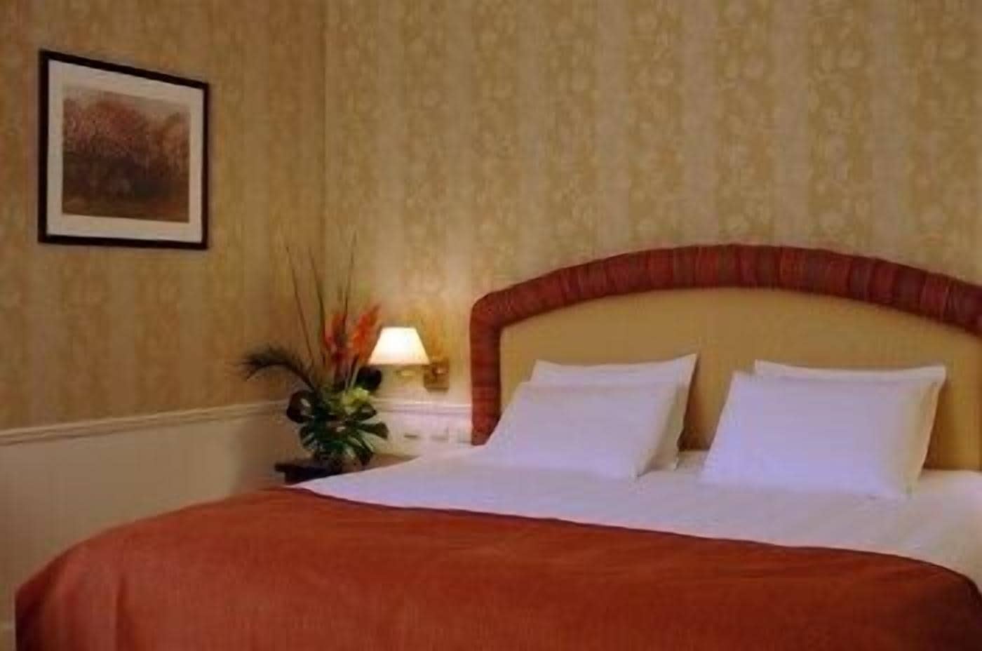 A hotel room with a bed, a nightstand, a lamp, and a framed picture on the wall.