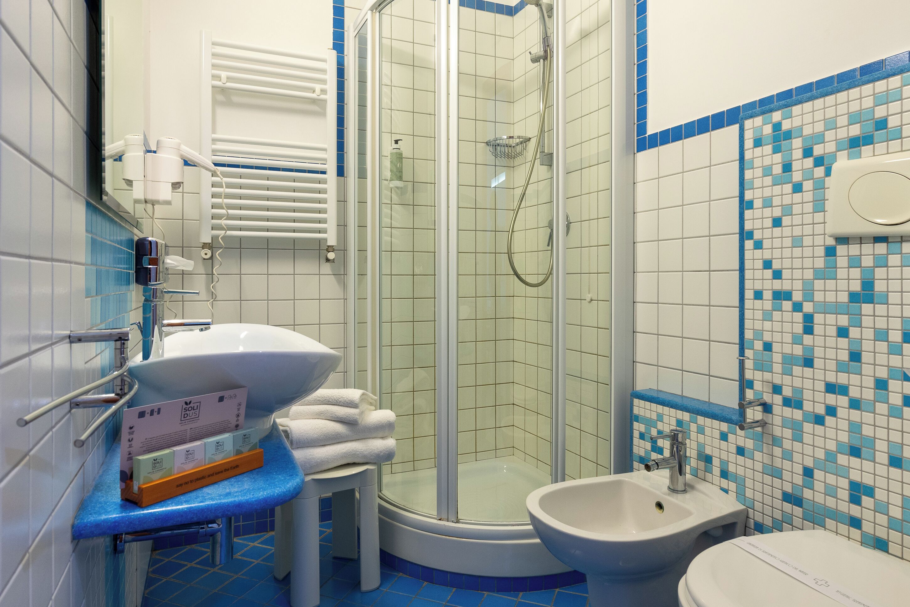 shower, free toiletries, hair dryer, towels