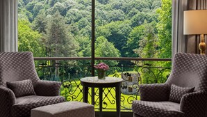 Een balkon met twee fauteuils, een kleine tafel met een bloevas, en uitzicht op een dicht bos.