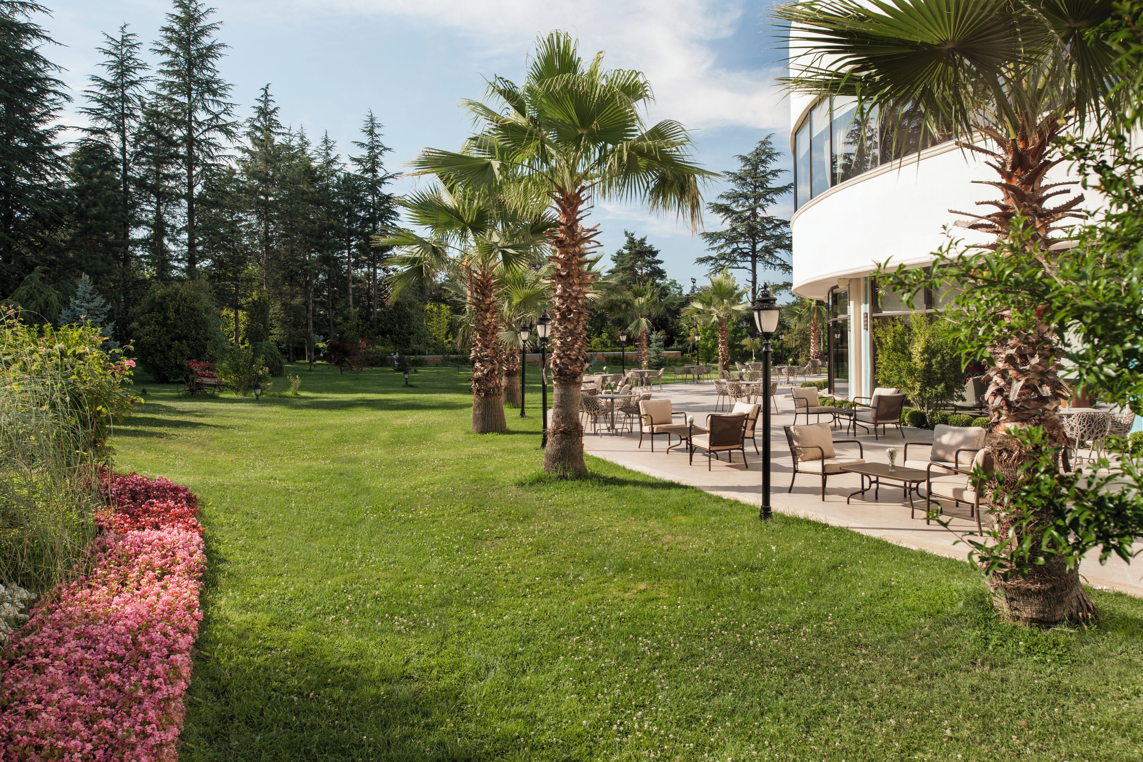 Un espace extérieur aménagé avec une terrasse bien entretenue, dotée de coins salon, et entouré d’une végétation luxuriante et d’arbres.