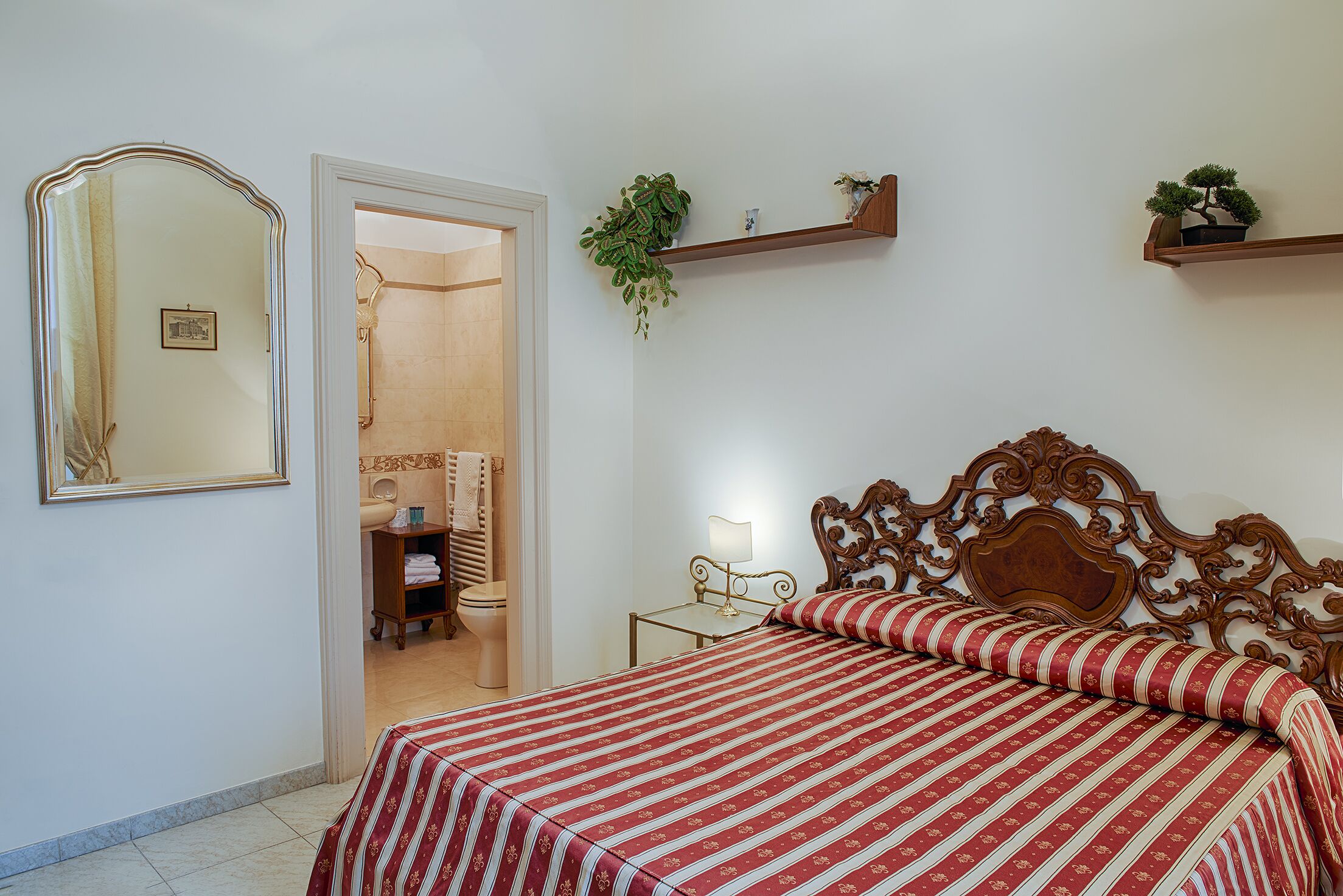 A bedroom with a wooden bed, a mirror, a bedside table with a lamp, and a shelf with plants.