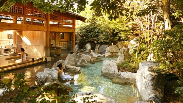 A traditional Japanese onsen with a wooden building, a clear hot spring surrounded by rocks, and a natural forested area. - Morinoyu Izu Kogen Kiranosato (Ito)
