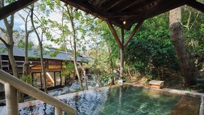A traditional Japanese-style wooden structure with a wooden deck and a clear pool. - Morinoyu Izu Kogen Kiranosato (Ito)