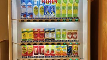 A vending machine with various drinks and beverages.